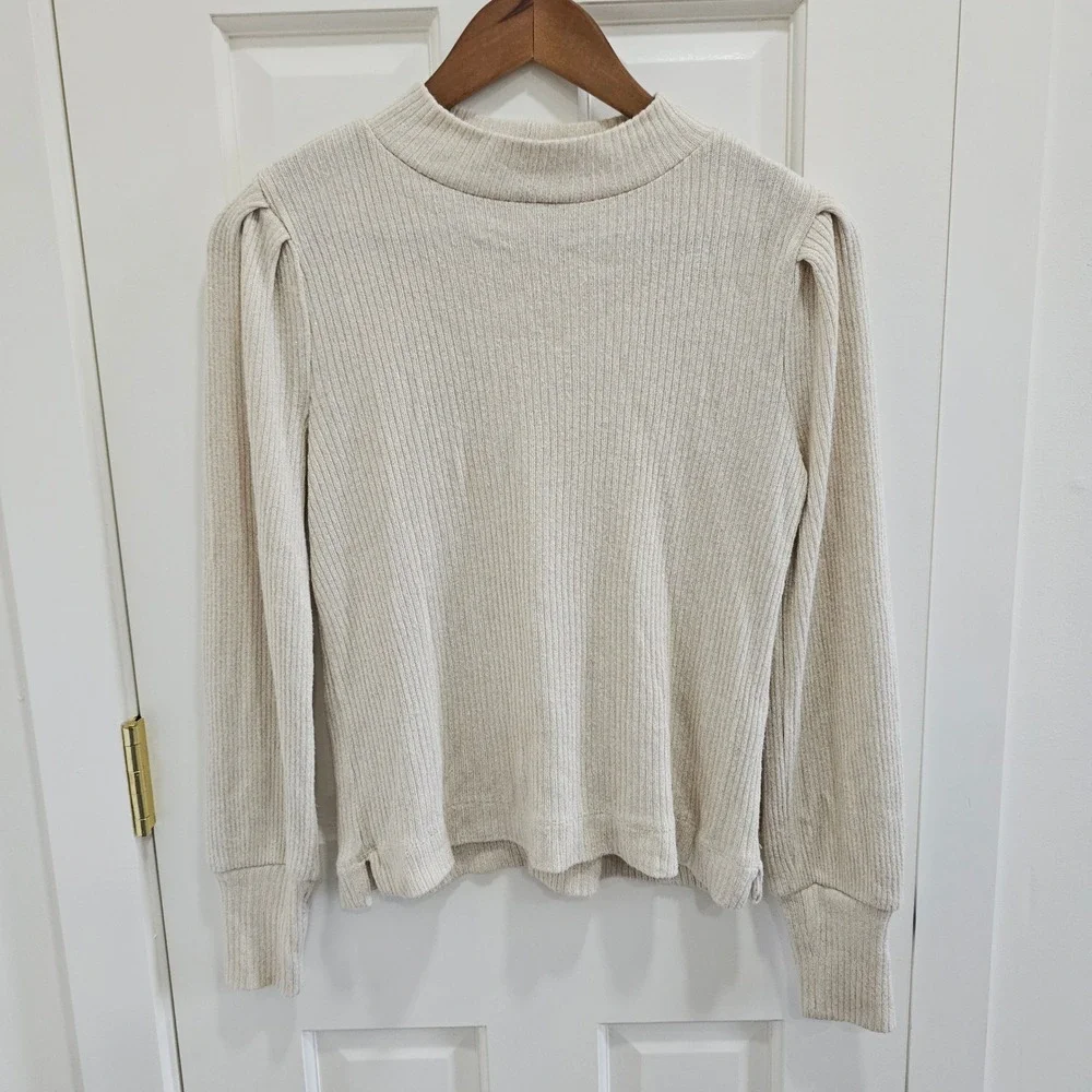 LOFT Womens Small Cream Gold Metallic Ribbed Mock Neck Puff Sleeve Knit Top